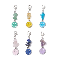 Смешанные камни 6шт. сплав эмали с изображением улыбающегося лица подвеска украшения, с натуральным зеленым авантюрином, цитрином, розовым кварцем, лазуритом, аметистом, синтетической бирюзой и застежками-карабинами из сплава, 45~46 мм
