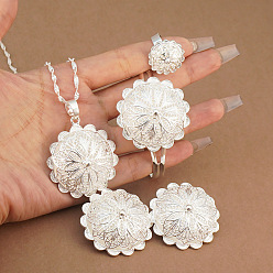 Серебро Комплект из ожерелья с подвеской из цветочного сплава, сережек-гвоздиков, кольца и браслетов-манжет, серебряные, 500 мм