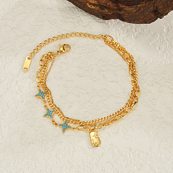 Étoile  304 Bracelet à breloque rectangulaire en acier inoxydable et strass aigue-marine 3 pour femmes, or, étoiles, 6.50 pouce (16.5 cm)
