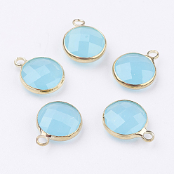 Светло-Синий Золотой латуни стеклянные тон плоские круглые прелести, граненые, голубой, 12x8.5x3 мм, отверстие : 1.5 мм