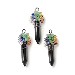 Обсидиан 7 большие подвески из натурального обсидиана с заостренными чакрами, Подвески в виде граненых пуль с драгоценными камнями и красной медью, покрытые медной проволокой, без кадмия и без свинца, 62~66.5x22~26x17.5~18 мм, отверстие : 4.2~6.5 мм