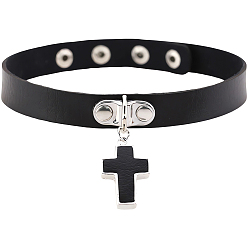 Черный 1регулируемые колье-чокеры из искусственной кожи, колье из сплава с подвеской в виде креста с кнопками из нержавеющей стали для женщин, цвет нержавеющей стали, чёрные, 15.75 дюйм (40 см)