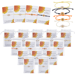 Mixed Color Alloy Enamel Daisy Flower Link with Waxed Polyester Cord Braided Bead Bracelets Set for Women, with Paper Couple Bracelet Display  Cards and Organza Bags, Light Gold, Mixed Color, Inner Diameter: 3/8~3-1/8 inch(1~8cm)