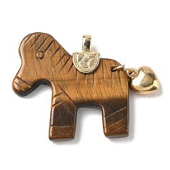 Тигровый глаз Резные подвески из натурального тигрового глаза, Подвески в виде лошади с латунным сердцем, золотые, 37.5~38.5x38.5~42x8~8.5 мм, отверстие : 5.5x3.5 мм