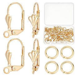 Real 18K Gold Plated 50Pcs Brass Leverback Earring Findings, with Horizontal Loops and 50Pcs Open Jump Rings, Long-Lasting Plated, Real 18K Gold Plated, 16x11x5.5mm, Hole: 2mm, Pin: 0.7mm