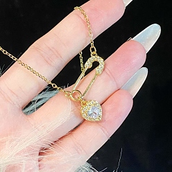 Прозрачный Женские кулоны в форме сердца с булавкой из латуни и кубическим цирконием, золотые, прозрачные, 17.72 дюйм (45 см)