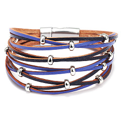 Royal Blue PU Leather Multi-strand Bracelets, with Alloy Magnetic Clasp and Alloy Beads, Royal Blue, 7-1/2 inch(19cm), 35mm