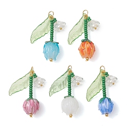 (52) Непрозрачная лаванда Подвески из акрила и бусин ручной работы, изготовленных методом лэмпворк., подвески в виде цветка тюльпана, разноцветные, 40x26~28x13 мм, отверстие : 5 мм