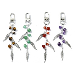 Mixed Stone Nature Gemstone Pendant Decorations, with Tibetan Style Alloy Feather Findings, 120mm, 4pcs/set