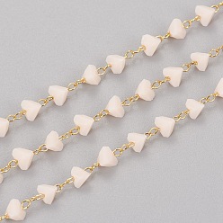 Antique White Handmade Glass Beaded Chains, with Golden Tone Brass Findings, Soldered, Long-Lasting Plated, Triangle, Faceted, Antique White, 3.5~4x4~4.5x3mm, about 32.8 Feet(10m)/roll