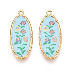 Светло-Голубой Печатный стиль 304 овальные подвески из нержавеющей стали с цветочным узором, ионное покрытие (ip), реальный 18 k позолоченный, Небесно-голубой, 33.5x14x2.5 мм, отверстие : 1.8 мм