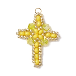 Желтый Подвески-кресты из стеклянного бисера, со стеклянными и 304 нержавеющими кольцами для прыжков, реальный 18 k позолоченный, желтые, 32.5x26x4.5 мм, отверстие : 3 мм