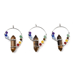 Тигровый глаз Большие заостренные подвески с двойным наконечником и натуральным тигровым глазом, Подвески-пули с граненой чакрой и решетчатым покрытием, фурнитура из латуни платинового цвета, 49~53x30~34x11 мм, отверстие : 4 мм