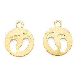 Настоящее золото 18K Ионное покрытие (ip) 201 подвески из нержавеющей стали, Плоский круглый с отпечатками, реальный 18 k позолоченный, 18.5x15x1.5 мм, отверстие : 1.8 мм