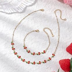 Золотой 304 комплекты браслетов и ожерелий из нержавеющей стали с эмалированными вишнями, 304 нержавеющей стали ювелирных изделий, золотые, браслет: 7.32 дюйм (18.6 см)