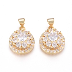Clear Brass Micro Pave Cubic Zirconia Pendants, Long-Lasting Plated, Flat Round with Flower, Flower Able Rotate, Golden, Clear, 17.5x14.5x8mm, Hole: 4x3.5mm