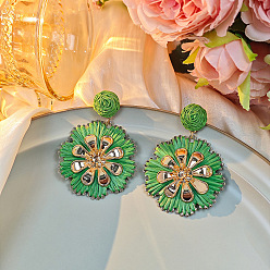 Зеленый Серьги с подвесками в богемном стиле из рафии с цветком, со сплавом, украшения для женщин, платина, зелёные, 60x45 мм