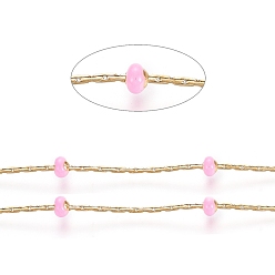 Бледно-Розовый Цепи из нержавеющей стали boston link, с эмалевыми бусинами и катушкой, долговечный, пайки, плоско-круглые, золотые, розовый жемчуг, 1x1 мм, около 32.8 футов (10 м) / рулон