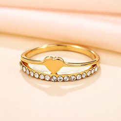 Heart 201 Stainless Steel Rhinestone Finger Rings, Real 18K Gold Plated, Heart, US Size 7(17.3mm)