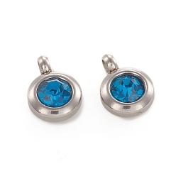 Индиколит Модный оригинальный цвет 304 из нержавеющей стали граненый хрусталь класса плоские круглые очаровывает подвески, очарование первобытного камня апреля, цвет нержавеющей стали, Indicolite, 9x6.5x4 мм, отверстие : 2 мм