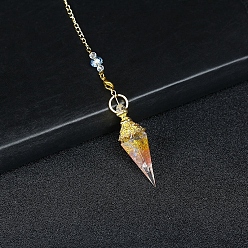 Watermelon Stone Glass Resin Cone Dowsing Pendulums, Watermelon Stone Glass Chip inside and Metal Findings Charm, 380mm
