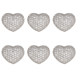 Платина 6 шт. латунные бусины из кубического циркония с микропаве, сердце, платина, 11.5x13.5x7 мм, отверстие : 1.5 мм