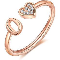 Letter O Регулируемые латунные кольца из манжеты из горного хрусталя, письмо и сердце, розовое золото , Письмо O, внутренний диаметр: 15~20 мм