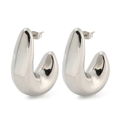 Platinum Rack Plating Brass Stud Earrings, Long-Lasting Plated, Lead Free & Cadmium Free, C-shape, Platinum, 43x16.5mm