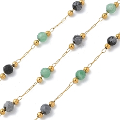 Настоящее золото 18K Ионное покрытие (ip) 304 звенья цепи из нержавеющей стали, пайки, с натуральным зеленым авантюрином и обсидиановыми бусинами и катушкой, реальный 18 k позолоченный, 2x0.5x0.1 мм, около 32.81 футов (10 м) / рулон