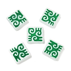 Зеленый Окрашенные и запеченные стеклянные бусины, квадрат с рунами, с эмалью, зелёные, 18x18x6 мм, отверстие : 1.4 мм