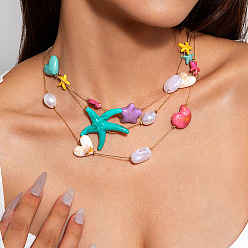 Морская звезда Цепочка из сплава, смолы, натуральных ракушек и искусственного жемчуга 3 многослойные ожерелья для женщин, золотые, морская звезда, 15.75 дюйм (40 см)