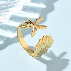 Настоящее золото 18K 304 из нержавеющей стали манжеты кольца, ионное покрытие (ip), морская звезда, реальный 18 k позолоченный, размер США 7 1/4 (17.5 мм)