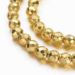 Golden Plated Electroplate Non-magnetic Synthetic Hematite Beads Strands, Faceted(64 Facets), Round, Golden Plated, 6mm, Hole: 1.1mm, about 72pcs/strand, 15.7 inch