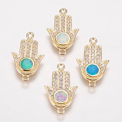 (52) Непрозрачная лаванда Латунные микро проложить кубических ссылки циркония, с синтетическим опалом, hamsa рука / рука fatima / рука miriam, золотые, разноцветные, 19.5x11.5x1.5 мм, отверстие : 1 мм