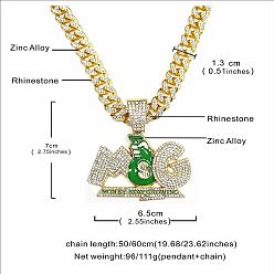 Золотой Подвеска в виде мешочка для денег в стиле хип-хоп из цинкового сплава, полностью украшенная кристаллами и стразами, эмалью, буквой MG, зеленой подвеской в виде мешочка для денег, кубинской цепочкой для мужчин., золотые, 19.69 дюйм (50 см)