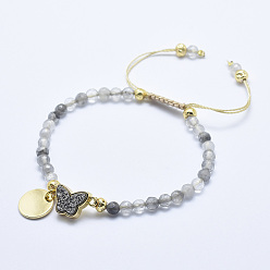 Quartz Natural Cloudy Quartz Braided Bead Bracelets, with Electroplated Natural Lava Rock Beads, Druzy Crystal, Nylon Cord and Brass Findings, Flat Round & Butterfly, 2-1/8 inch(5.3cm)~3-1/8 inch(8cm)