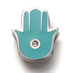 Edelstahl Farbe 304 Edelstahl Diacharme, Schmelz-Stil, mit Strass-Kristall, Hamsa Hand / Hand von Fatima / Hand von Miriam, dunkeltürkis, Edelstahl Farbe, 12x10x3.5 mm, Bohrung: 7.5x1.5 mm