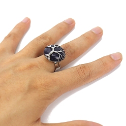 Blue Goldstone Metal Wire Wrapped Synthetic Blue Goldstone Open Cuff Rings, Tree of Life Ring for Men , Adjustable 
