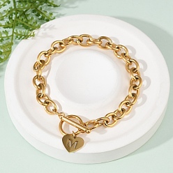 Letter M Золотые 304 браслеты с подвесками из нержавеющей стали, ювелирные изделия из кабельной цепи для женщин, сердце с письмом, с Переключить застежками, Буква М, 8.27 дюйм (21 см)