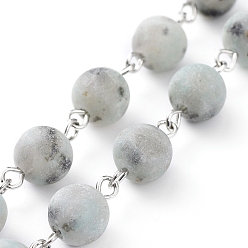 Jasper Handmade Natural Sesame Jasper/Kiwi Jasper Beaded Chains, with Platinum Plated Iron Eye Pins, Round, Unwelded, 39.37 inch(100cm), Beads: 8~9mm, 1m/strand