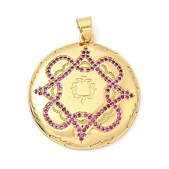Настоящее золото 18K Кулоны из латуни с микропейвом и темно-розовыми фианитами, плоский круглый с цветными чарами, без свинца и без кадмия, долговечный, стойки покрытие, реальный 18 k позолоченный, 33.5x30.5x4.5 мм, отверстие : 5x4 мм