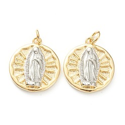 Настоящее золото 18K Латунные подвески, долговечный, плоский круглый со святым, реальный 18 k позолоченный, 18x16x3 мм, отверстие : 3 мм