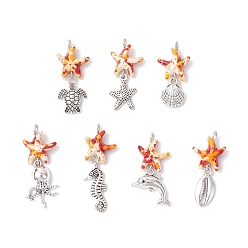 Оранжево-Красный 7 шт. 7 стили окрашенные синтетические бирюзовые морские звезды и сплав морских животных подвески, морские подвески с петлями из медной проволоки, античное серебро, оранжево-красный, 27~37x14~18x5 мм, отверстие : 2.5 мм, 1 шт / стиль
