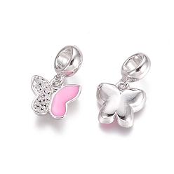 Platinum Brass Micro Pave Cubic Zirconia European Dangle Charms, with Pink Enamel, Large Hole Pendants, Butterfly, Platinum, 20mm, Butterfly: 11x12x3mm, Hole: 5mm