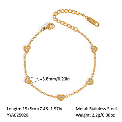 Сердце 304 Женские браслеты на лодыжку из нержавеющей стали с микропаве из прозрачных кубических цирконий, реальный 18 k позолоченный, сердце, 8-5/8 дюйм (22 см)
