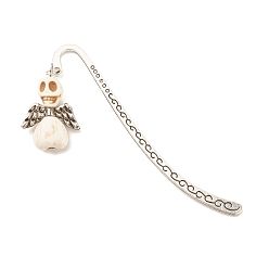 White Skull with Wing Dyed Synthetic Turquoise Bookmarks, Tibetan Style Alloy Bookmarks, White, 84mm, Skull: 29x20x9.5mm