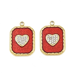 Настоящее золото 18K 304 из нержавеющей стали горный хрусталь подвески, Прямоугольник с сердцем, Эмаль стиле, ионное покрытие (ip), ручная полировка, реальный 18 k позолоченный, 18x13x2 мм, отверстие : 1.4 мм