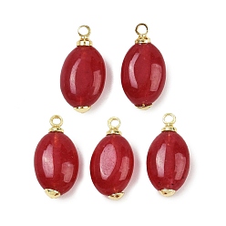Красный Крашеные натуральный белый нефрит подвески, овальные подвески с латунной фурнитурой, реальный 18 k позолоченный, без кадмия и без свинца, стойки покрытие, долговечный, красные, 13.5~15x6.5~7.5x4~6.5 мм, отверстие : 1.4 мм