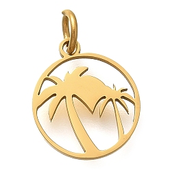 Настоящее золото 18K 304 прелести нержавеющей стали, с целью перехода в кольце, плоский круглый с подвеской из кокосовой пальмы, лазерная резка, ионное покрытие (ip), реальный 18 k позолоченный, 14x12x1 мм, отверстие : 3 мм