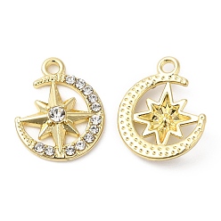 Golden Alloy Rhinestone Pendants, Moon & Star Charms, Golden, 17x13.5x3.5mm, Hole: 1.6mm